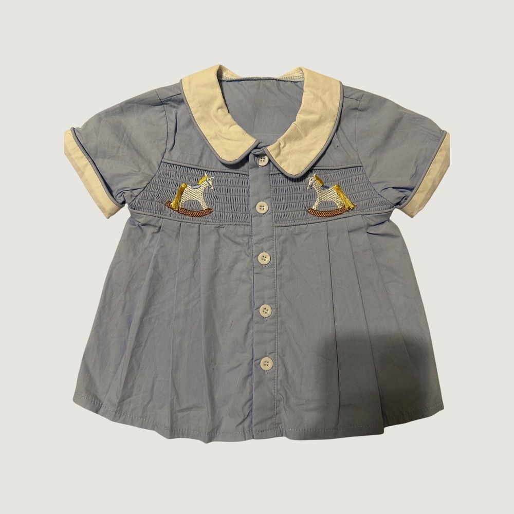 Baby Blue Smocked Rocking Horse Peter Pan Collar Button Pleated Shirt 12-18M